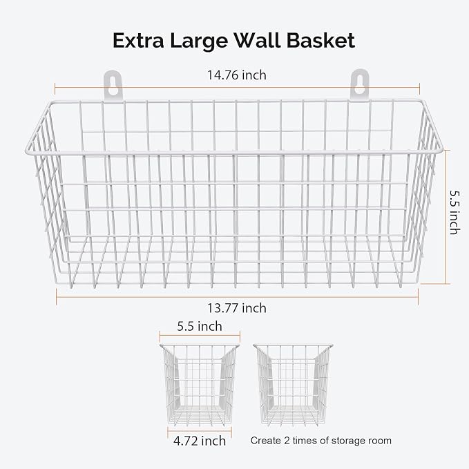 MaraFansie [Extra Large Wire Basket 2-Pack Hanging Wall Organizer Cabinet Storage Basket Wall Mounted Shelves Rustic Farmhouse Decor for Home Kitchen Bathroom, White - Image 6