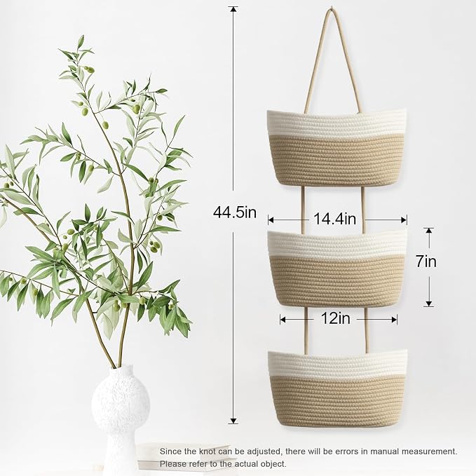 TeoKJ Over the Door Hanging Basket, 3-Tier Woven Cotton Wall-Mounted Storage Organizer Bag Decorative Hanging Nursery Baskets, White & Jute - Image 5