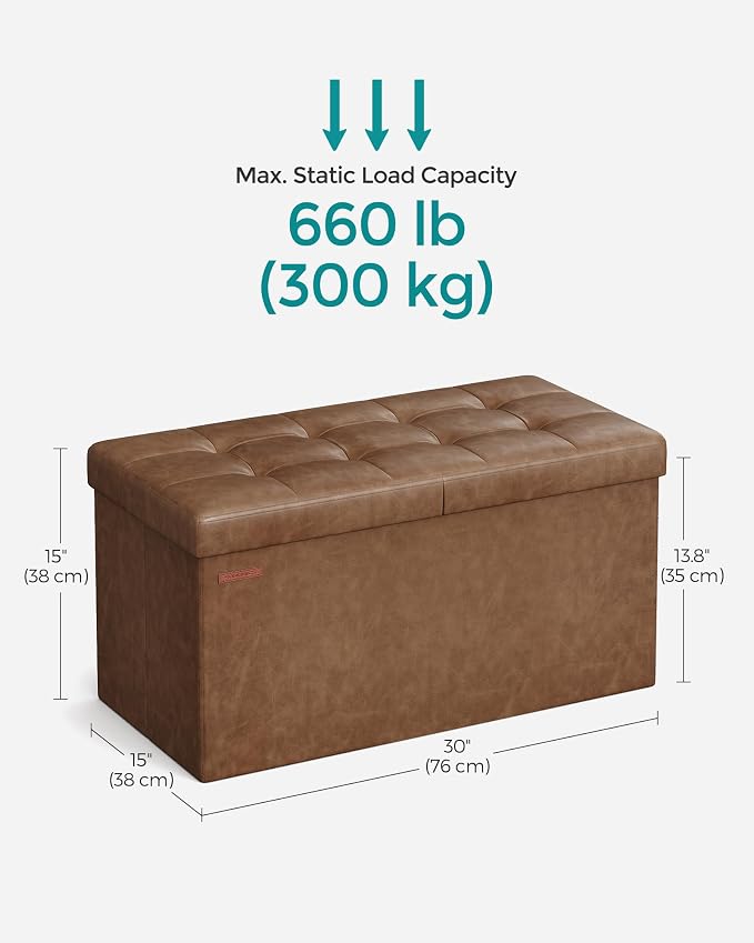 SONGMICS MAZIE Collection - 30 Inches Storage Ottoman Bench with Flipping Lid, Storage Chest Footstool, Load 660 lb, for Entryway, Living Room, Bedroom, Synthetic Leather, Coffee Brown ULSF045K01 - Image 3