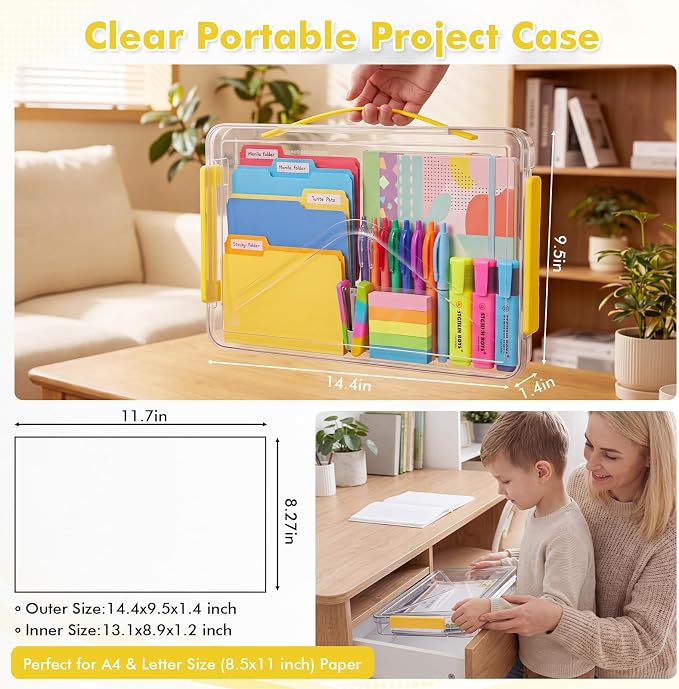 5 Pcs Clear File Storage Box Portable Paper Case with Lid Handle,Yellow - Image 2