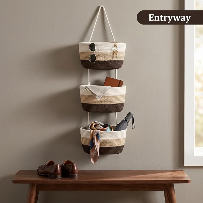 TeoKJ Over the Door Hanging Basket, 3-Tier Woven Cotton Wall-Mounted Storage Organizer Bag Decorative Hanging Nursery Baskets，Gradient Brown - Image 7