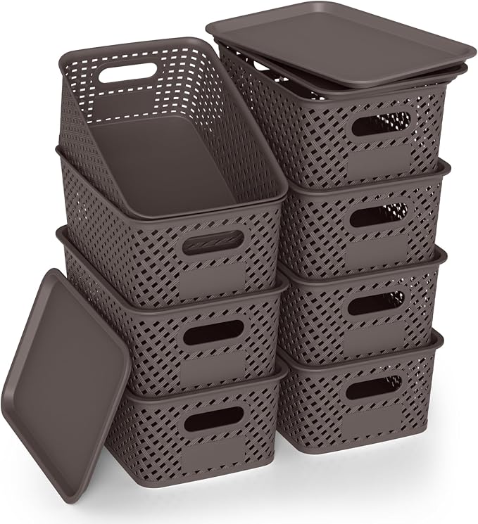Plastic Storage Bins with Lid, Stackable Small Box Basket for Organizing and Containers for Shelves Drawers Desktop Closet Playroom Pantry Classroom Office Home, 8-pack 10.2x7.2x4.1 Inch, Brown by ZFTMRR