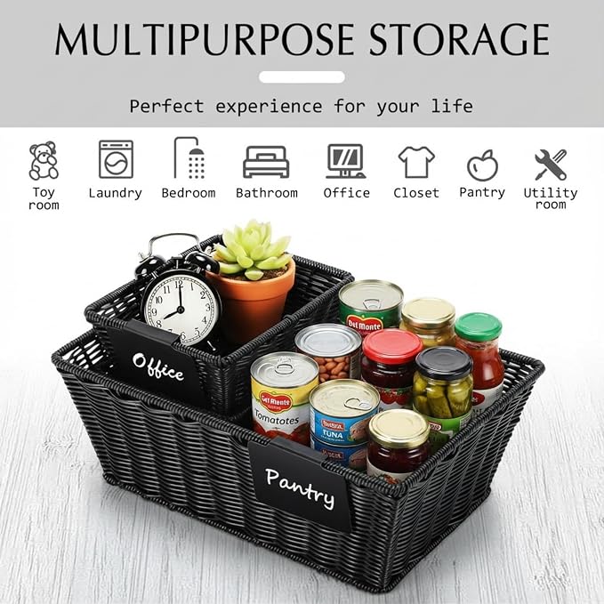 Marsui 6 Pcs Wicker Storage Baskets for Pantry Organization with Labels Handwoven Multi-size Black Wicker Storage Bins for Organizing Small Baskets Container for Shelves Closet Toilet - Image 4