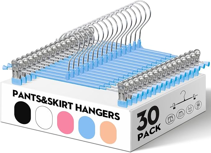 HUADYMEET 12 Inch Heavy Duty Pants Skirt Hangers with Clips,Blue,30 Pack | Metal,Space Saving,Adjustable,Hanger for Jeans Shorts Clothes Slacks Trousers,For Adult Men Women Children, Non Slip by HUADYMEET