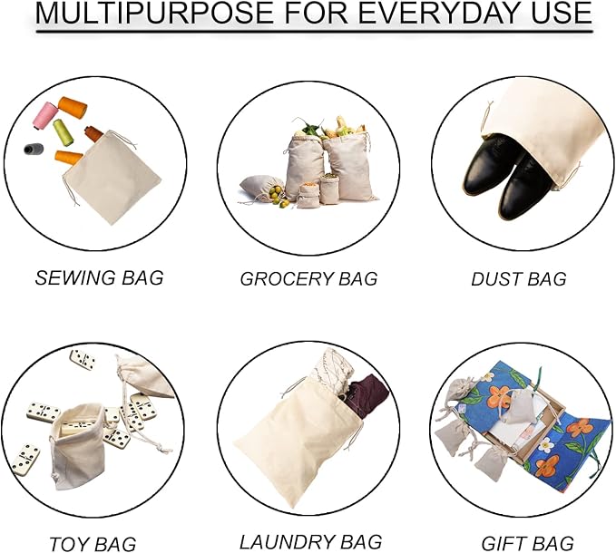 12x20 inches Natural Cotton Double Drawstring Reusable Produce Muslin Bags – Multipurpose Drawstring Storage Pouch for Everyday Use (Pack Of 25) - Image 5