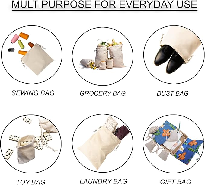 12x18 inches Natural Cotton Double Drawstring Reusable Produce Muslin Bags – Multipurpose Drawstring Storage Pouch for Everyday Use (Pack Of 100) - Image 5