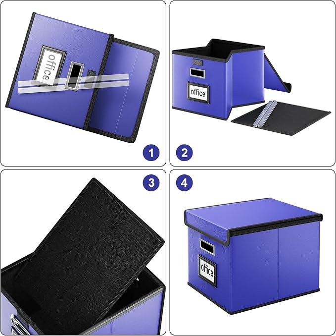 File Organizer Box with Lids, Collapsible File Folder Organizer | File Box with Plastic Slides for Document, Filing Bin for Letter Size Hanging File Folders (1 Pack, Navy Blue, Leather) - Image 7