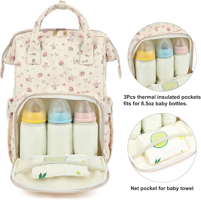 Corduroy Diaper Bag Backpack for Baby Girls Boys, Women Large Nappy Bags for Mom (Beige Corduroy Flowers Pink) - Image 3