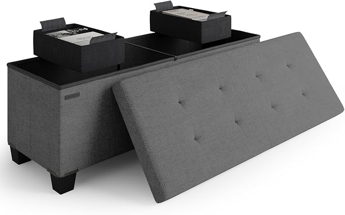 Storage Ottoman Bench with Bins, 43-in Storage Bench for Bedroom End of Bed, Folding Foot Rest Ottoman for Living Room Max 660lbs, Fabric Ottomans, Grey by STORAGEBUD