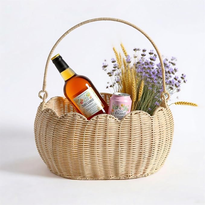Scalloped Round Basket with Handle, Super Sturdy Wicker Storage Baskets, Hand Woven Basket for Shelves,Natural Baskets for Organizing (White Rattan 12.6"*9"*6.1") - Image 4