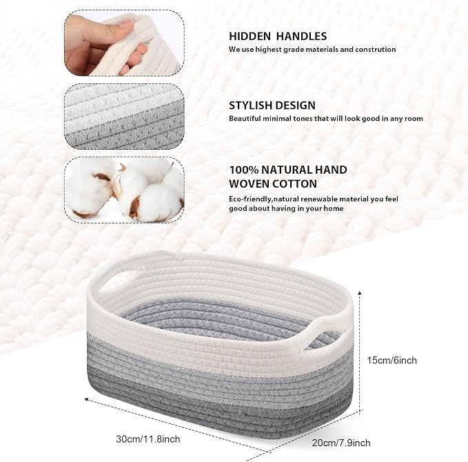 Sawysine 6 Pcs Storage Baskets Bulk for Organizing Cotton Rope Woven Basket with Handles for Gift Cloth Shelves Blanket Toys Living Room(Gray and White) - Image 2