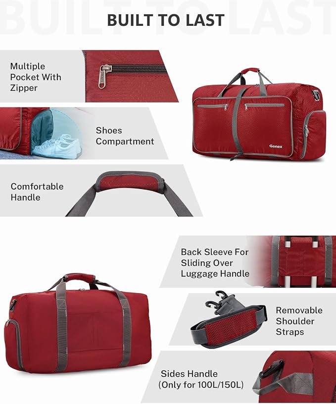 Gonex 100L Foldable Travel Duffle Bag with Shoe Compartment, Lightweight | 210D Nylon, Water-Repellent, Folds Compact, Multiple Pockets, Luggage Sleeve,Family Travel & Camping, Red - Image 5