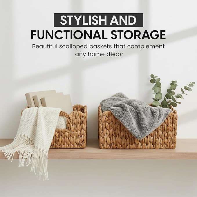 ByteX Scalloped Basket Set (2 Large Baskets) Water Hyacinth Wicker Storage Baskets for Nursery & Kids Books | Decorative Scalloped Edge Rattan Style Book Basket for Toys, Shelves & Decor - Image 2