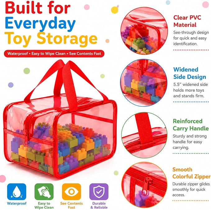 Shinylin 6 Pack Colorful Large Toy Storage Bags with Zipper 9.8 x 5.9 x 7.1 Inch Reusable Waterproof PVC Board Game Storage Bags with Labels for Puzzles Building Blocks Book Stationery - Image 4