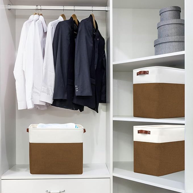 Large Fabric Storage Baskets | 50L Storage Bins, Decorative Linen Closet Baskets with Handles for Organizing, Shelf, Toys, Clothes, Home, Office, Nursery, 17x12x15Inches (Brown&White) - Image 2