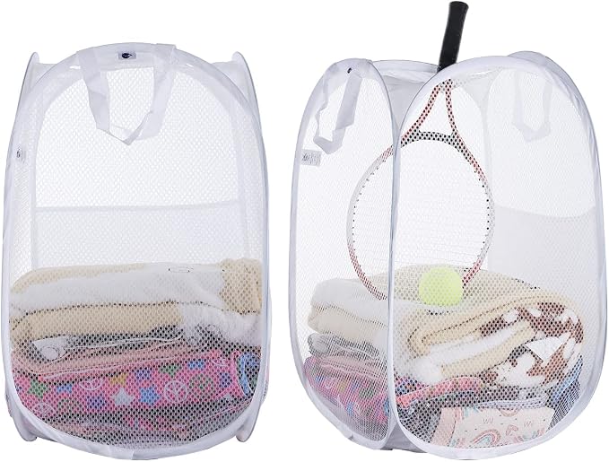SUPNFOX 2 Pack Pop Up Mesh Laundry Baskets, Collapsible Washing Basket Popup Laundry Hamper, Foldable Laundry Bin Bag with Handles for Kids Room College Dorm Or Camping -White by Unknown