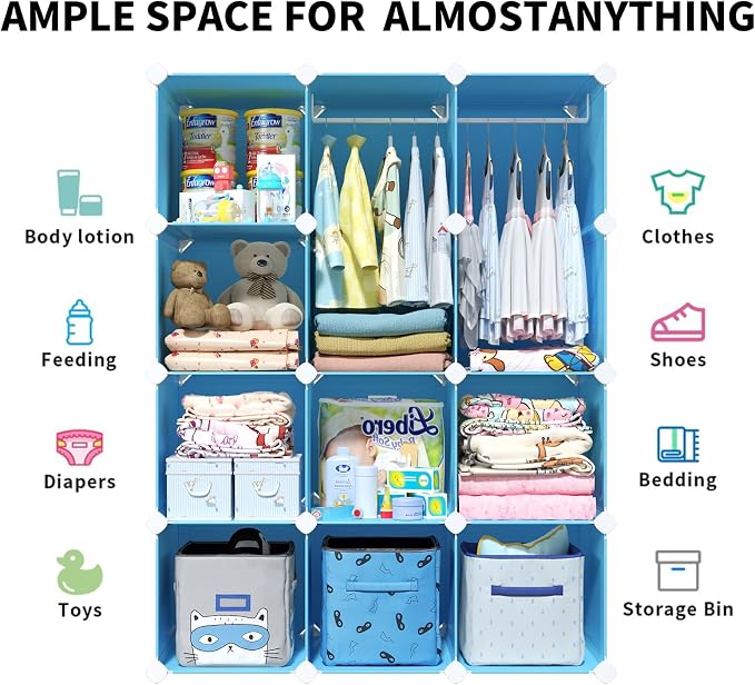 VIPZONE Baby Dresser, Kids Closet Organizers, Portable Kids Wardrobe for Closet, Bedroom, Nursery, Cubby, Cabinet, Clothes, Dress, Baby Storage Shelf, Armoire Clothes Hanging (Blue) - Image 2