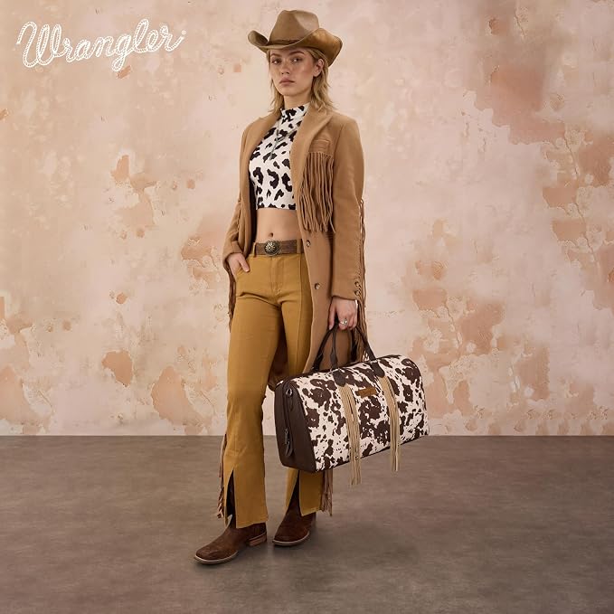 Wrangler Rustler Wildside Cow-Print Weekender Duffel Bag Large Carry On Bags with Tassels, Coffee - Image 4