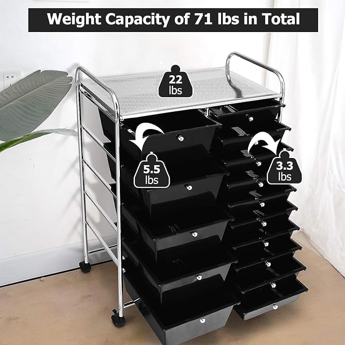 15 Drawer Rolling Storage Cart, Rolling Cart with Drawers for Classroom, Art Supply Craft Organizer on Wheel with Metal Frame & Handles for Home Office School - Image 7