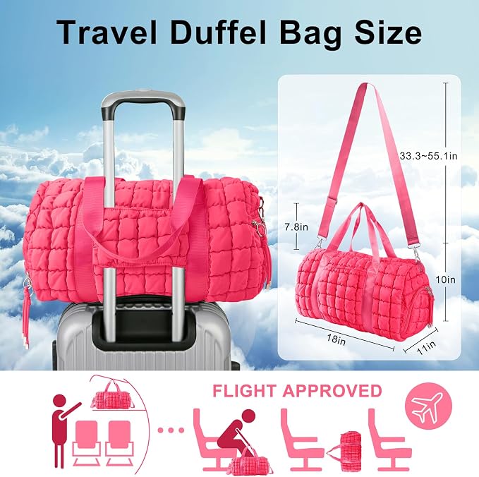 Quilted Travel Duffle Bag Gym Bag for Women,Large Puffer Duffle Weekender Bag with Compartment,Workout Overnight Carry on Organizer Bag Duffle Bag for Airplane Travel(Rosered) - Image 2