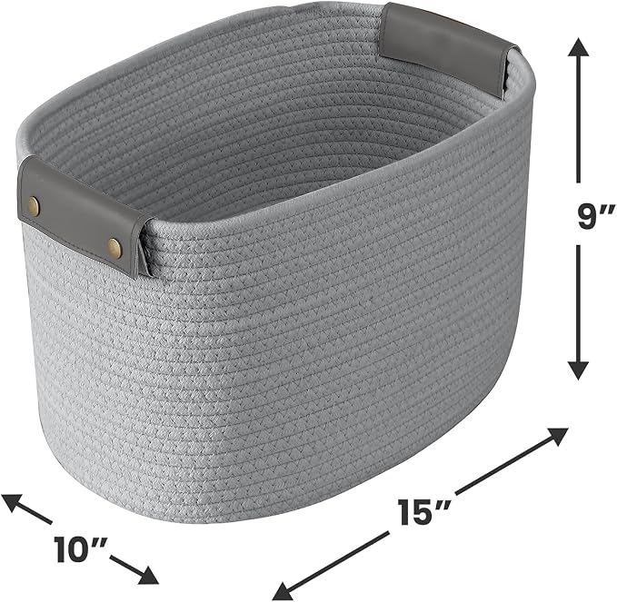 3 Pack Woven Cotton Rope Storage Basket, 15x10x9, Gray | Faux Leather Handles; Decorative Closet Shelf Organizer; Ideal for Storage & Organization - Image 7