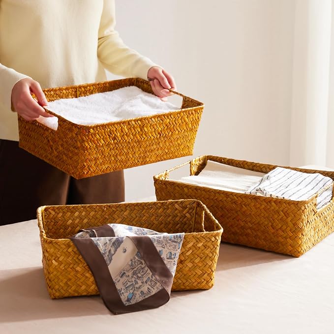 Seagrass Storage Basket with Handles, Stackable Woven Baskets Bins Container for Organizing Shelves Bedroom Living Room, Set of 3, Natural - Image 4