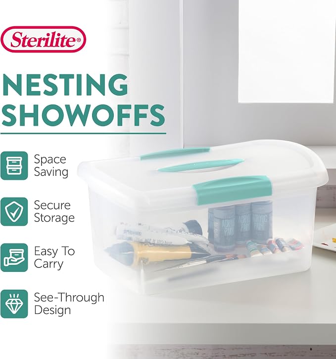 Sterilite Medium Nesting ShowOffs, Stackable Small Storage Bin with Latching Lid and Handle, Plastic Container to Organize Home, Clear, 24-Pack - Image 2