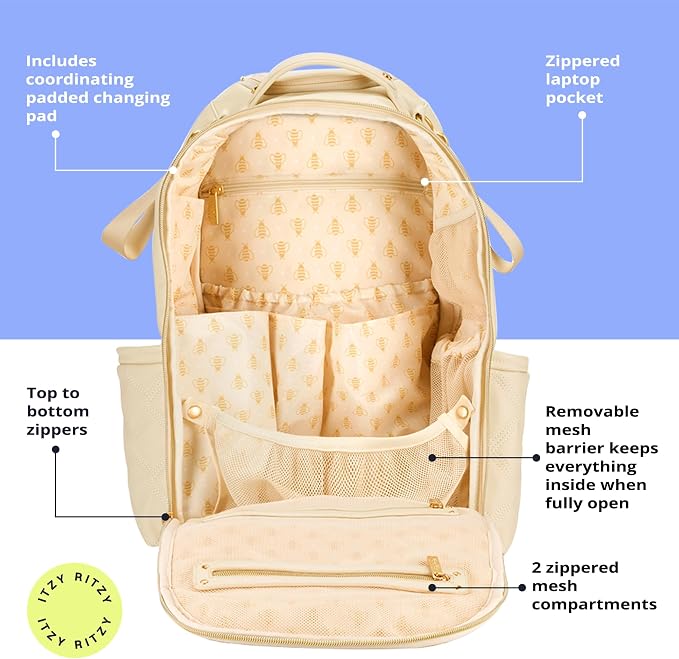 Itzy Ritzy Boss Plus Diaper Bag Backpack with 19 Pockets (Milk & Honey) | Large Diaper Bag Backpack Includes 2 Insulated Bottle Pockets, Changing Pad, Stroller Clips, Padded Straps, Travel-Ready - Image 6