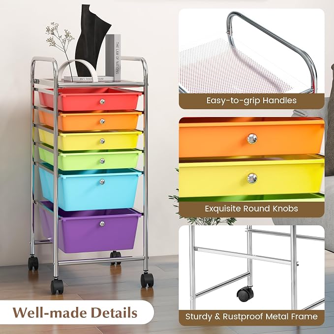 GOFLAME 6-Drawer Rolling Storage Cart, Multifunctional Art Craft Organizer Cart, Mobile Utility Storage Cart with Removable Drawers & Lockable Wheels, Craft Cart for Home Office, School, Multicolored - Image 6