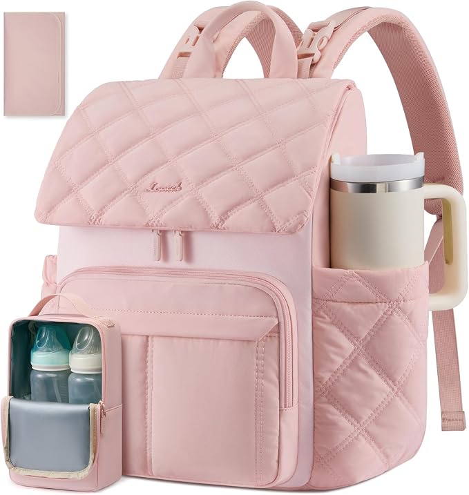 LOVEVOOK Diaper Bag Backpack With Pocket For Large Capacity Cup,Multi-Function Baby Travel Bag For Mom Dad,Waterproof Baby Bag for Boys Girls with Changing Pad,Insulated Bag,Stroller Straps,Pink by LOVEVOOK