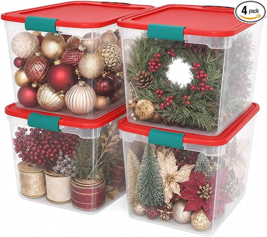 HOMZ Holiday Tote Plastic Storage Bin with Lid, 31 Qt, Clear/Red, 4 Pack | Large Stackable Organization Container for Home, Garage, and Office Organization by Homz