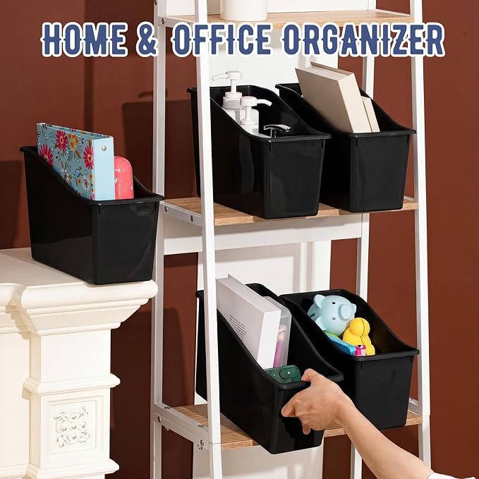 Geetery 6 Pcs Book Bin for Classroom with Labels Stackable Plastic Organizing Bins 11.5 x 5.4 x 7.5 in Book Holders Storage Bins Box Baskets for Classroom Library Home (Black) - Image 4
