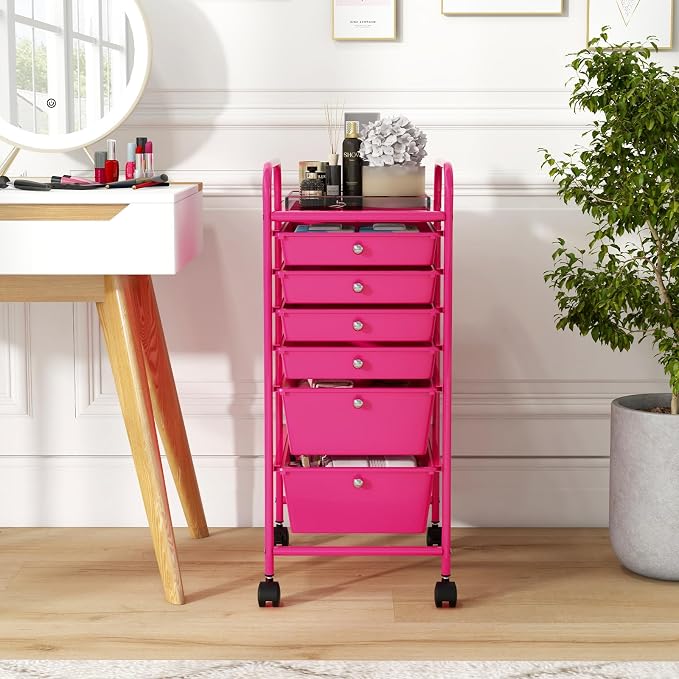 GOFLAME 6-Drawer Rolling Storage Cart, Multifunctional Art Craft Organizer, Mobile Utility Storage with Removable Drawers & Lockable Wheels, Craft Cart for Home Office, Hot Pink - Image 8