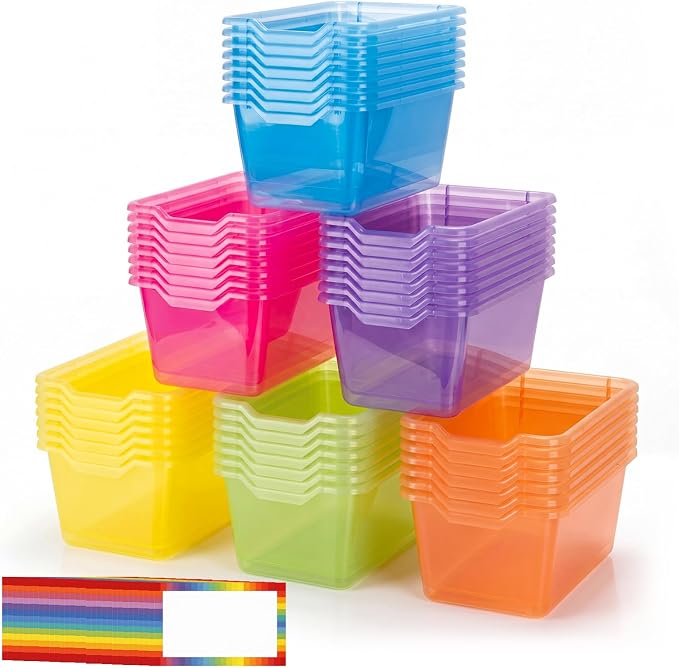 Funrous 48 Pack Plastic Cubby Bins for Classroom, Stackable Storage Bins with Rainbow Labels and Handles Cubby Organizer Containers for Teacher Supplies Home Office Daycare and Playroom (Bright) by Funrous