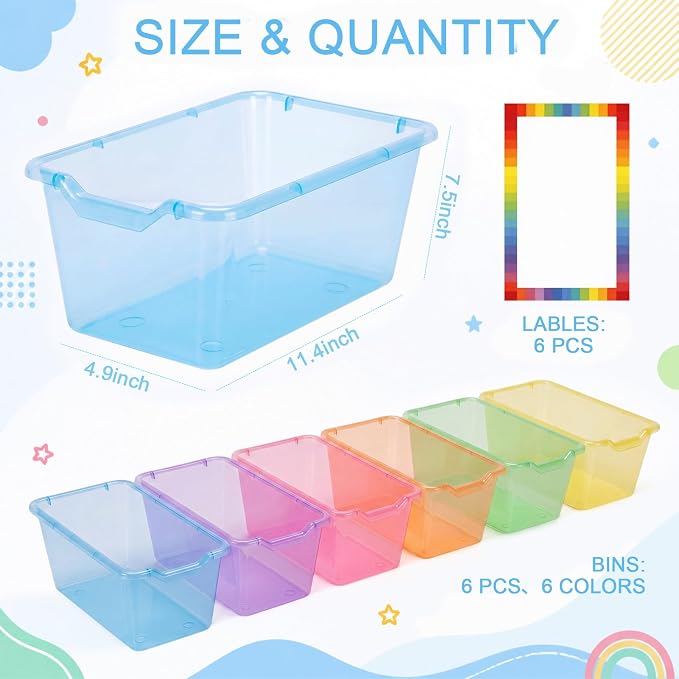 Funrous 6 Pack Plastic Cubby Bins for Classroom, Stackable Storage Bins with Rainbow Labels and Handles Cubby Organizer Containers for Teacher Supplies Home Office Daycare and Playroom (Bright) - Image 2
