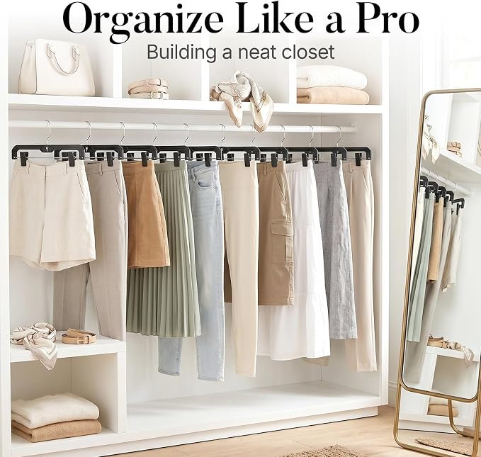 HOUSE DAY Black Pants Hangers with Clips 12 Pack, Plastic Skirt Hangers for Women, 14 Inch Clip Hanger for Pants, Skirts, Jeans, Shorts, Legging, with 360-degree Swivel Hook, 2 Adjustable Clips - Image 8