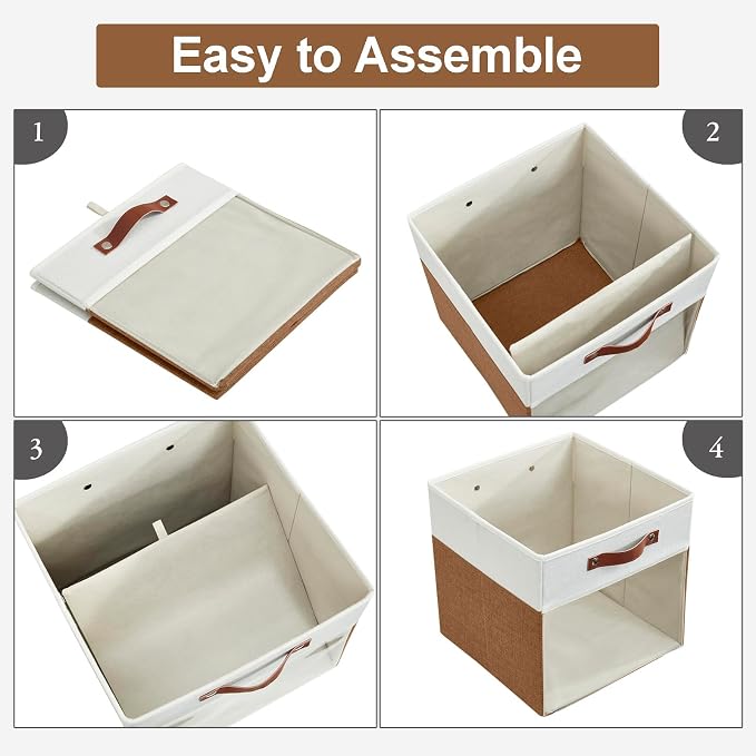 Storage Cubes, 4 Pack Linen Foldable Storage Bins (13 x 13 inch) with Clear Window and Handles, Fabric Organizer for Shelf Closet, Clothes, Books - (Brown and White) - Image 3