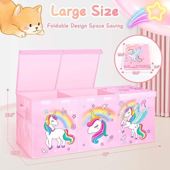 Extra Large Toy Box with Lids, Collapsible Storage Chest, 40"x16"x16" Pink | Sturdy Large Toy Storage Organizer Bins with Dividers, Toybox for Kids Boys Girls, Bedroom Nursery Playroom Organization - Image 7