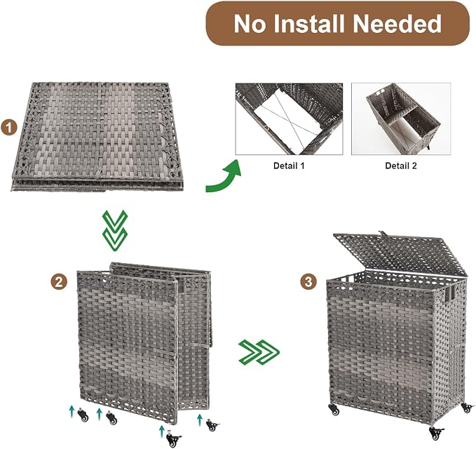 Laundry Hamper with Wheels&Lid, 50.2 Gallons(190L) Rolling Laundry Basket with Wheels, 3-Section Laundry Hamper, Handwoven Rattan Clothes Hamper with 6 Removable Liner& 3 Mesh Laundry Bags, Grey - Image 6