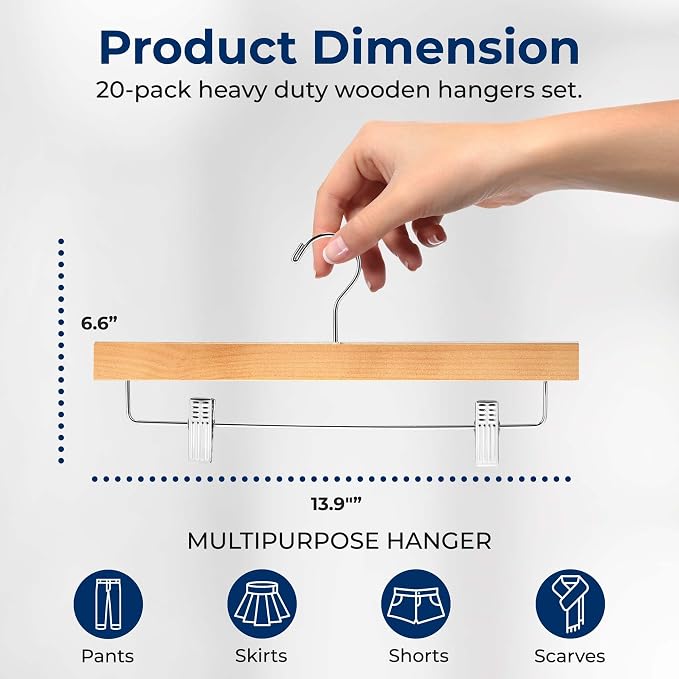 SereneLife Skirt and Pant Hanger, Premium Wooden, Natural, 20 Pack | Adjustable Non-Slip Steel Clips, Premium Wooden, 360° Swivel Hook, 10 lb Capacity, Space-Saving Heavy-Duty - Image 7