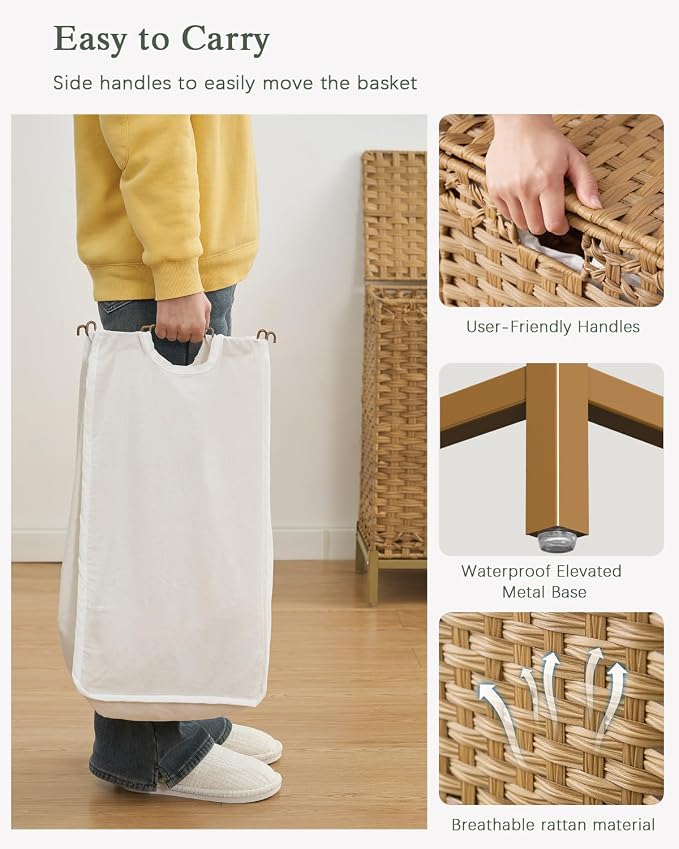 SETVSON Laundry Hamper with Lid, 35 Gal 3-Bag Clothes Sorter, Natural | Large Family Laundry Trunk with Lid, 3 Compartment Sorting Liner, 6 Wash Bags, Elevated PE Rattan Bin with Handles - Image 4