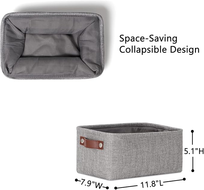 DULLEMELO Small Storage Baskets 11.8"x7.9"x5.1", Fabric Storage Bins for Shelves,Closets,Nursery,Home,Office [3 Pack], Collapsible Storage Baskets with Leather Handles (Gray) - Image 4