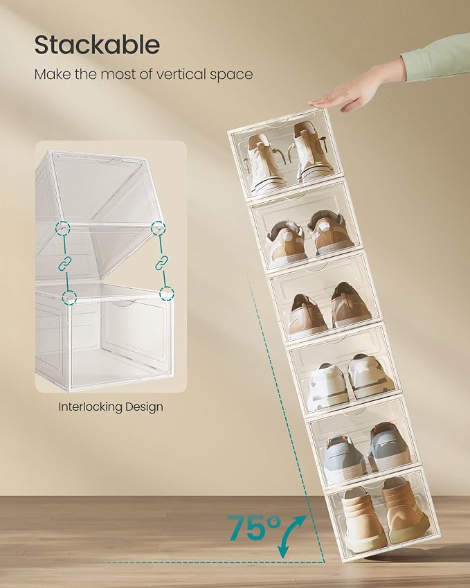 SONGMICS Shoe Boxes, Set of 6, Clear Plastic Sneaker Box, Up to US Size 11 | Stackable Shoe Storage Organizers, Drop Front Door, 13 x 9.8 x 7.1 Inches, Transparent White, DENNYS Collection ULSP032W06 - Image 3