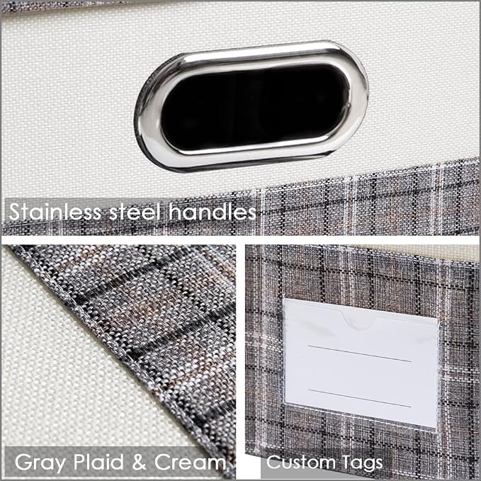 Large Collapsible Storage Bins with Lids [3-Pack] Fabric Foldable Storage Boxes Organizer Containers Baskets Cube with Cover for Home Bedroom Closet Office Gray plaid & Cream(17.7x11.8x11.8) - Image 5