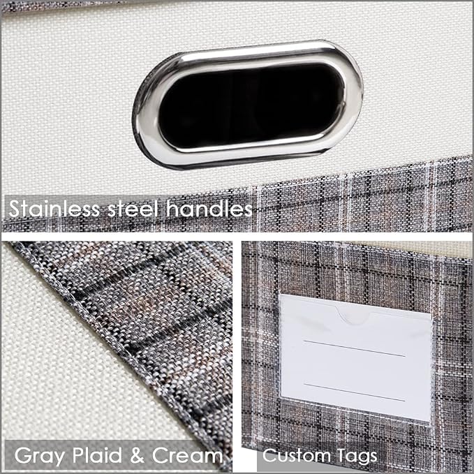 Large Collapsible Storage Bins with Lids [3-Pack] Fabric Foldable Storage Boxes Organizer Containers Baskets Cube with Cover for Home Bedroom Closet Office Gray plaid & Cream(17.7x11.8x11.8) - Image 5