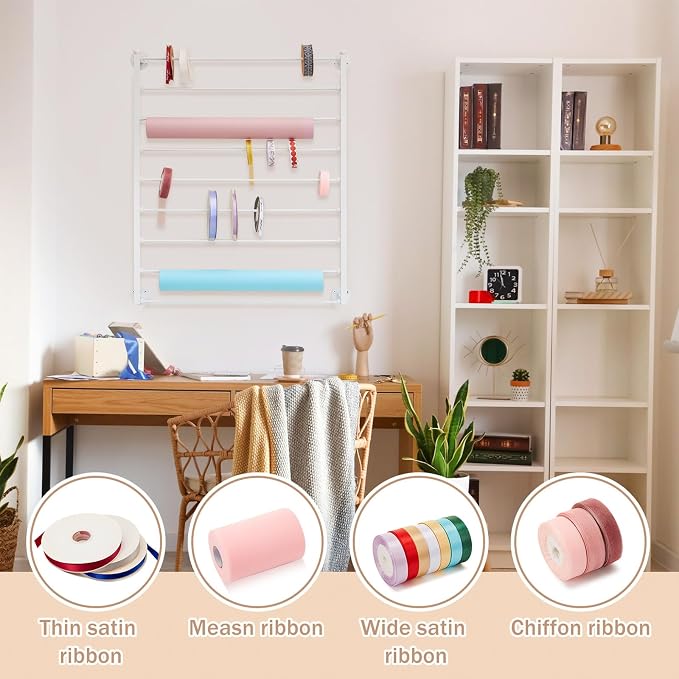 Menkxi 9 Tier Wall Mounted Ribbon Organizer Metal Ribbon Holder,White | Wrapping Paper Storage for Sewing Craft Mesh Thread Tape Wreath Crochet Craft Room Flower Shop, Thanksgiving, Halloween Gift - Image 3