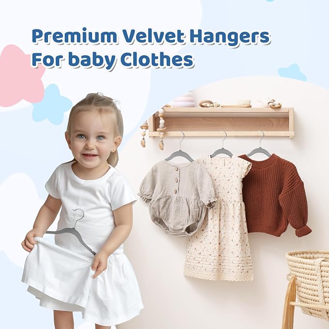 Premium 11 Inch Baby Hangers 50 Pack, Kids Velvet Hanger, Non Slip | Grey Space Saving Felt Hangers Clothes Organizers for Closet with 360° Swivel Hook for Children, Infant & Toddler - Image 5