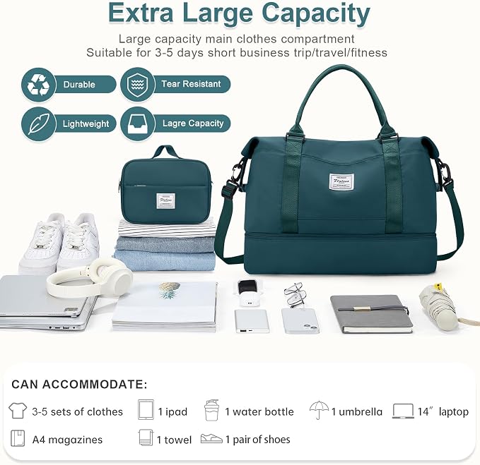 Large Weekender Bags for Women, Travel Duffel Bags with Shoe Compartment,Personal Item Travel Carry on Overnight bag for women Travel Set,Peacock Blue2 - Image 3