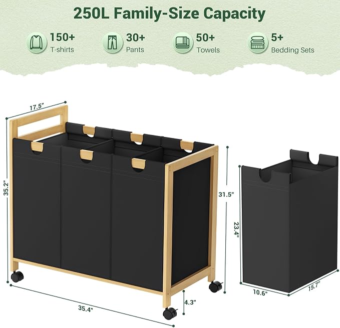 250L Laundry Sorter Cart with Wheels, 3-Section Rolling Laundry Basket with Removable Bags, 66 Gal Large Laundry Hamper Organizer, Heavy Duty Bamboo Frame, Water-Resistant, Black - Image 7