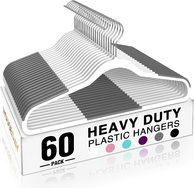 HOUSE DAY Non Slip Plastic Clothes Hangers 60 Pack with Rubber Pads, White | Space-Saving 0.2-Inch Slim Design; Heavy-Duty and 360° Swivel Hooks Keep Shirts, Coats, Suit, Blouse and Pants Organized by HOUSEDAY